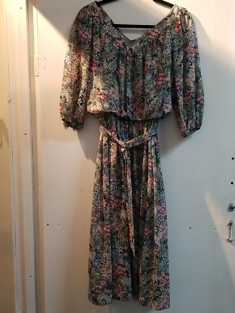 Off-Shoulder Floral Midi Dress in Green and Pink